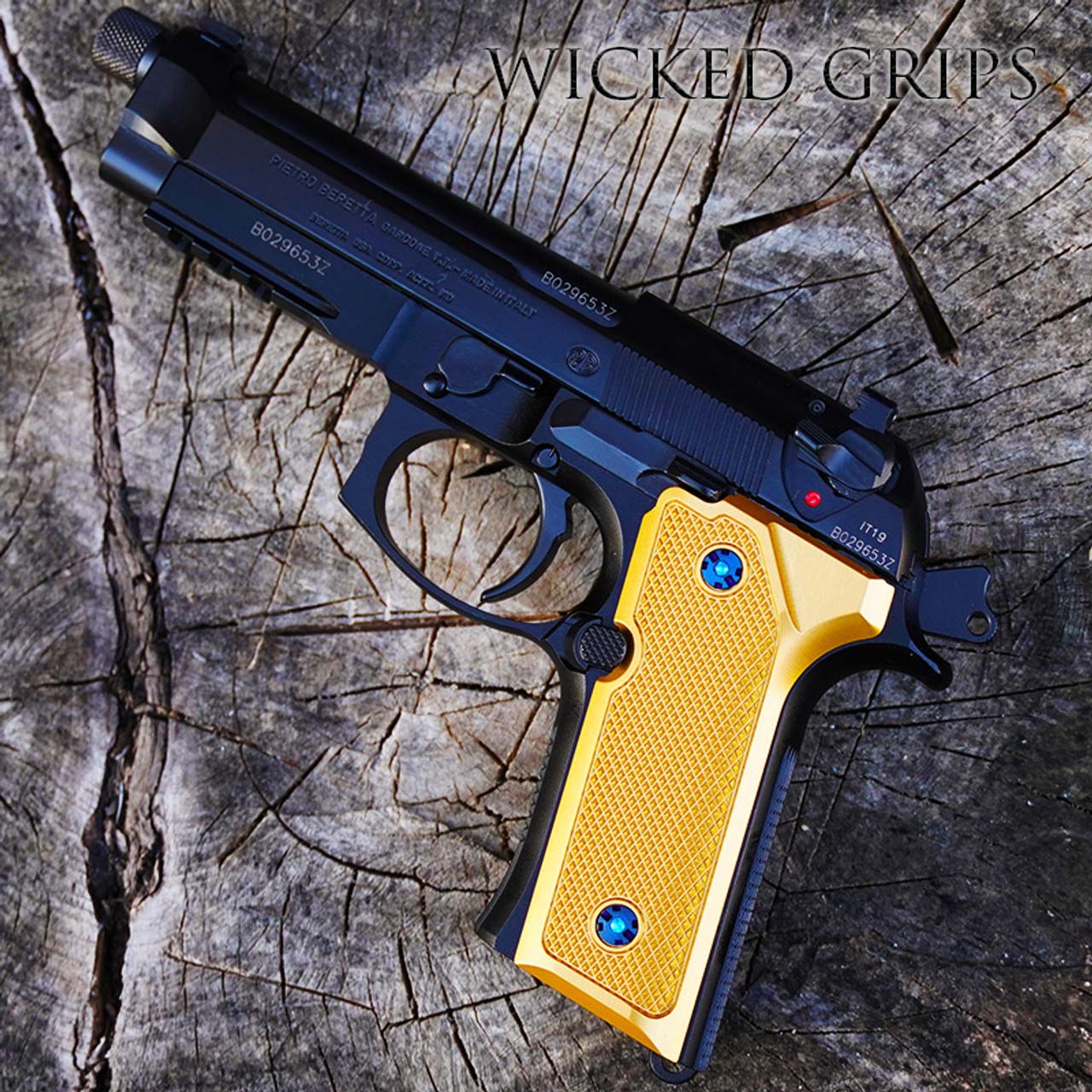 A Beretta 92 with checker patterned grips
