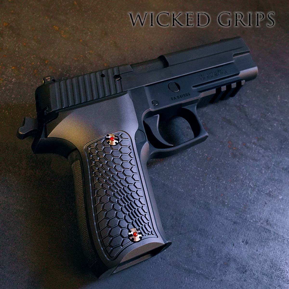 A custom SIG p320 grip panel with black hexwave pattern