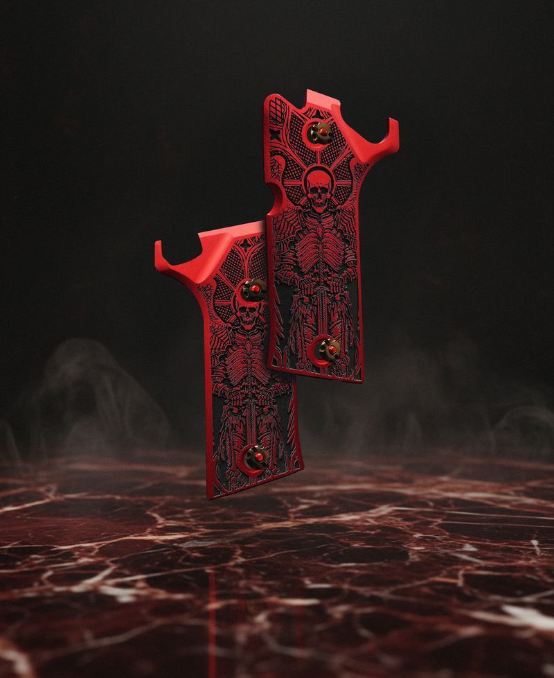 Beretta 92XI pistol grips - Machined Aluminum deep engraved in our Pax motif and finished in a red Anodize with constrasting black